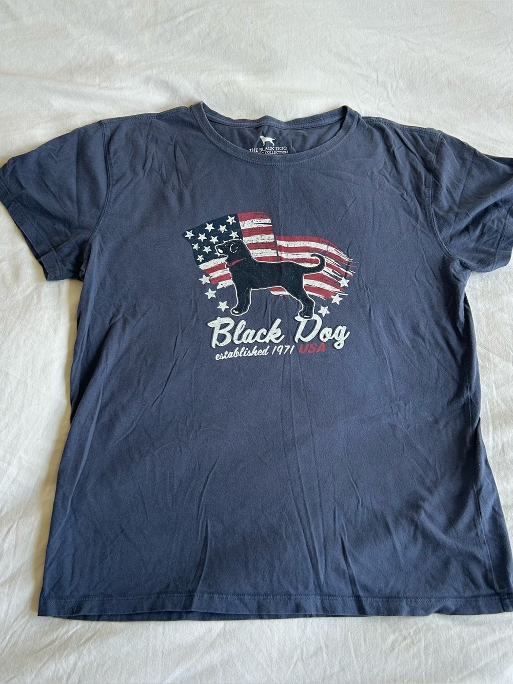 The Black Dog Medium Blue Short Sleeve Tshirt American Flag & Dog Graphic